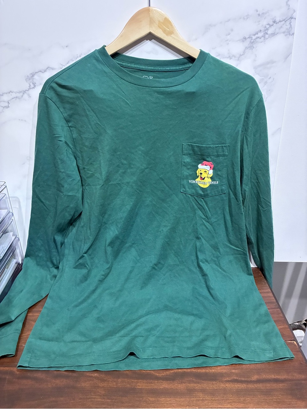 Vineyard Vines Forest Green Long Sleeve Pocket Tee with holiday dog